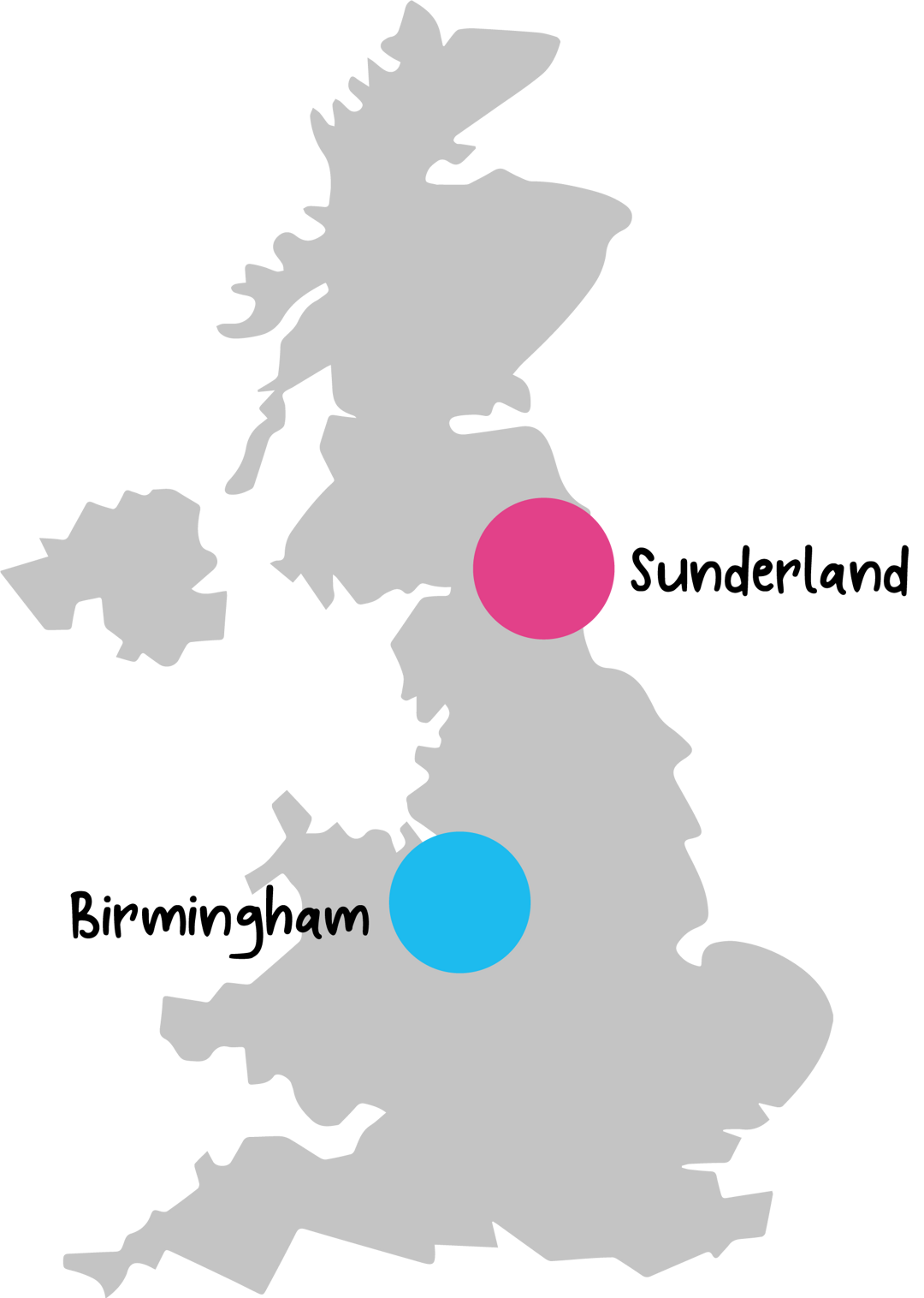 UK Map showing Sterling Care locations in Sunderland and Birmingham